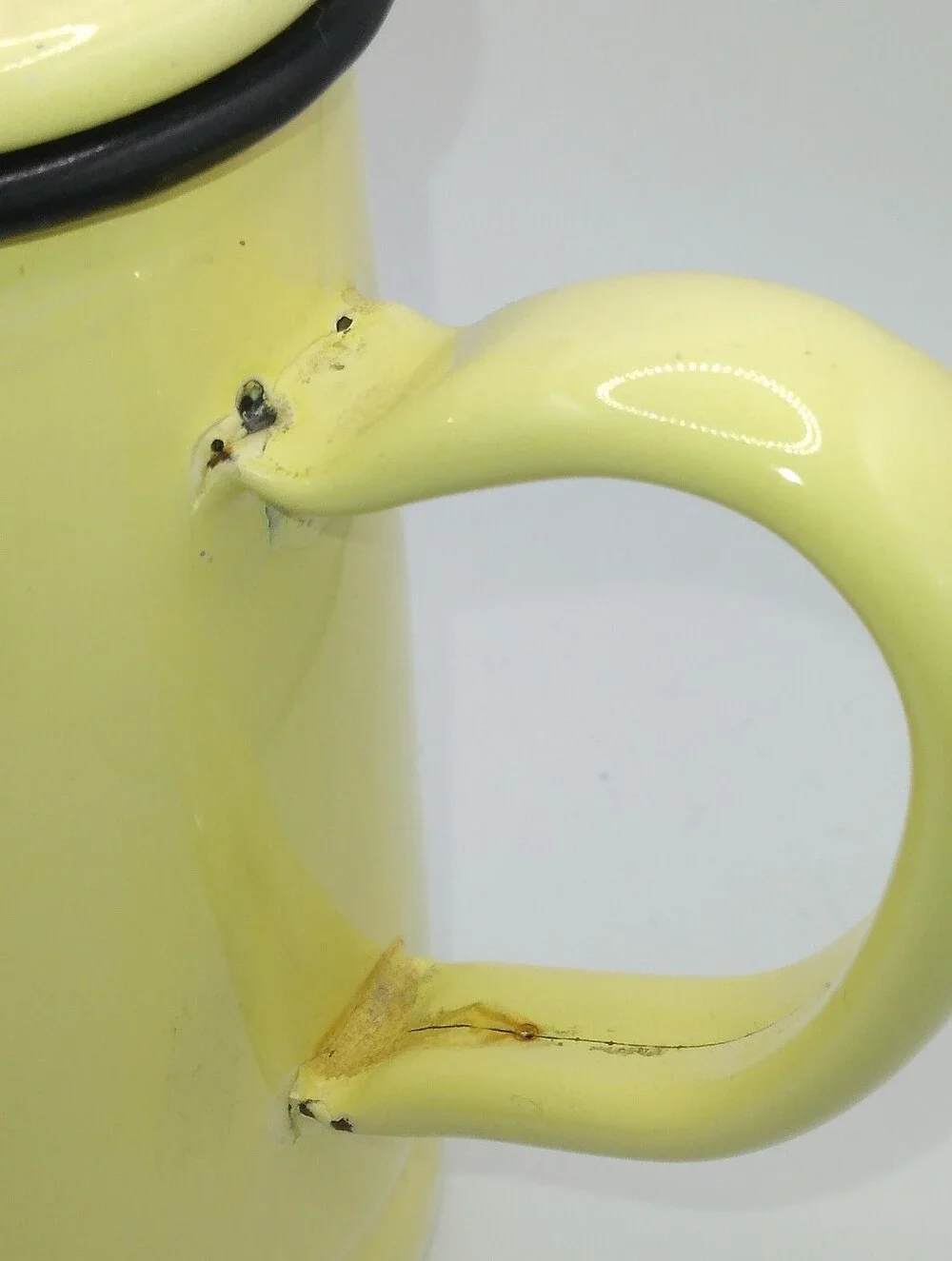 Vintage Yellow Enamelware Coffee Pot, 6 Inches, Bakelite Knob, Black Trim, READ